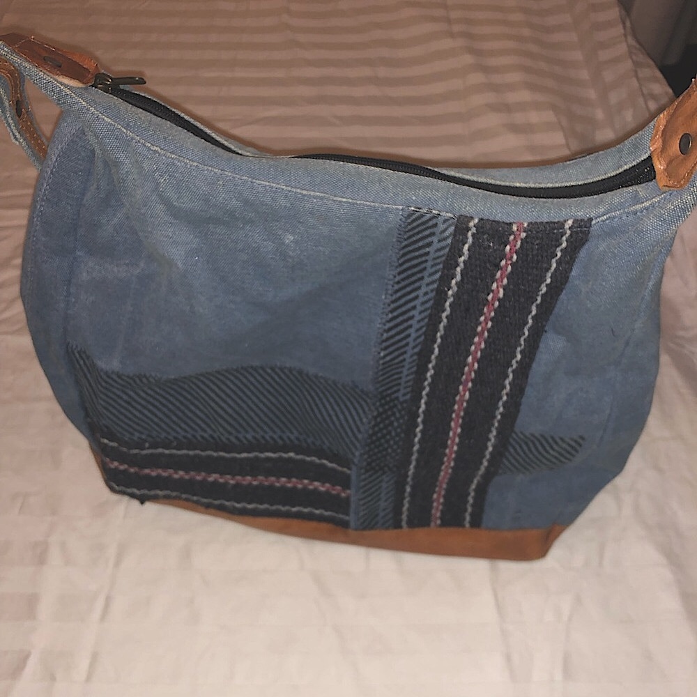 Mona B Finley Up-Cycled Canvas  
Stylish Blue /tan Women's shoulder purse